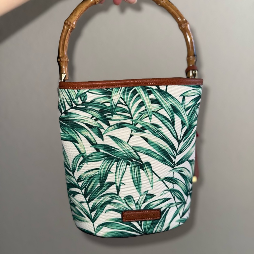 Enzo Angiolini Green Leaf Print Shoulder Bag with Bamboo Handle